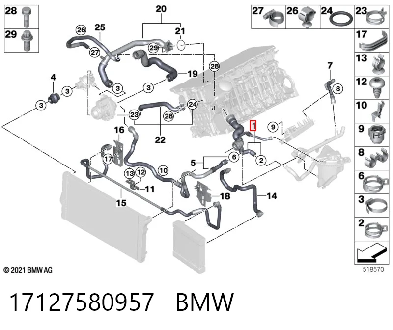 17127580957 BMW Mangueira (cano derivado) do radiador de esfriamento superior