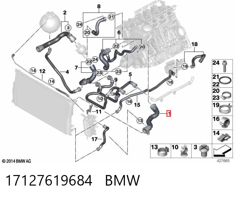 17127619684 BMW Mangueira (cano derivado) do radiador de esfriamento superior