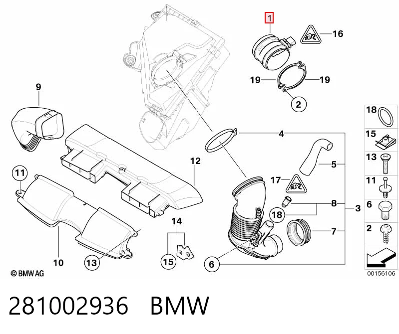 281002936 BMW Sensor de fluxo (consumo) de ar, medidor de consumo M.A.F. - (Mass Airflow)