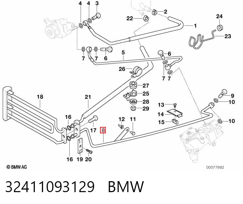32411093129 BMW Mangueira da Direção hidrâulica assistida de pressão baixa, desde a cremalheira (do mecanismo) até o radiador