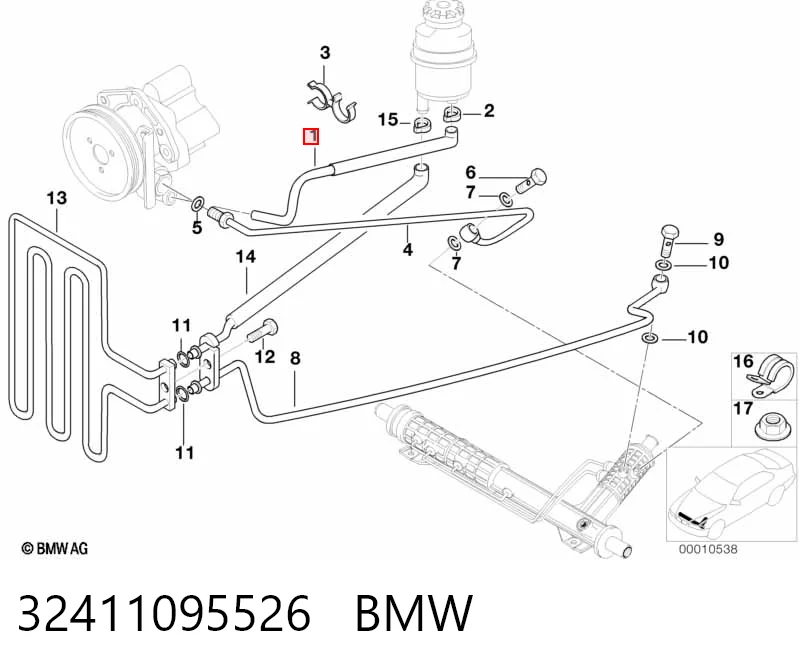 32411095526 BMW Mangueira da Direção hidrâulica assistida de pressão baixa, desde o tanque até a bomba