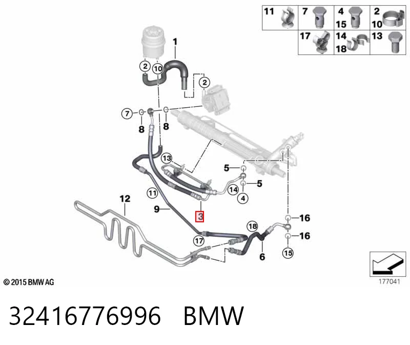 32416776996 BMW Mangueira da Direção hidrâulica assistida de pressão alta desde a bomba até a régua (do mecanismo)