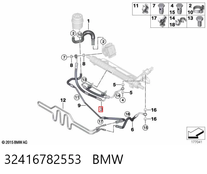 32416782553 BMW Mangueira da Direção hidrâulica assistida de pressão alta desde a bomba até a régua (do mecanismo)