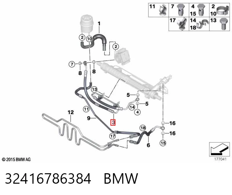 32416786384 BMW Mangueira da Direção hidrâulica assistida de pressão alta desde a bomba até a régua (do mecanismo)