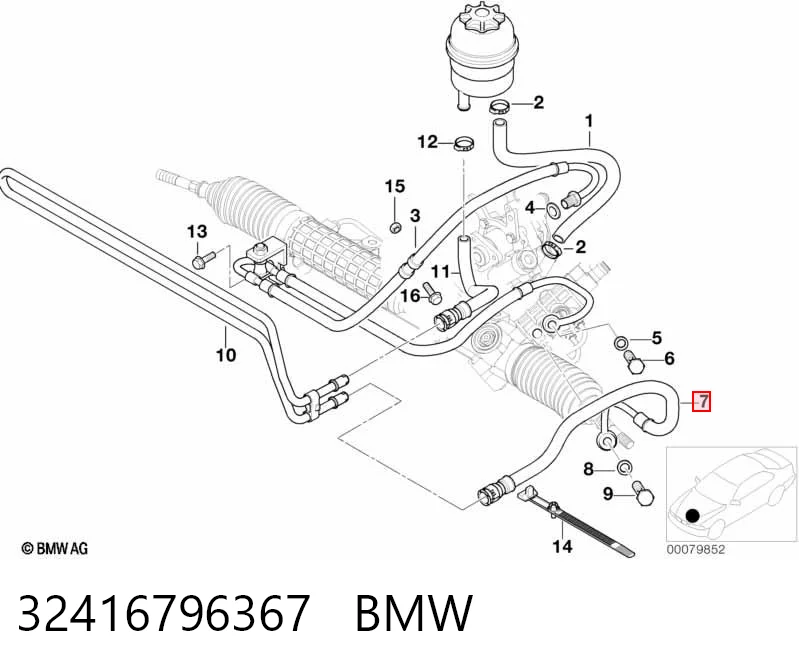 32416796367 BMW Mangueira da Direção hidrâulica assistida de pressão baixa, desde a cremalheira (do mecanismo) até o radiador