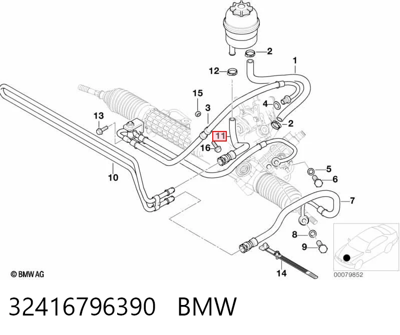 32416796390 BMW Mangueira da Direção hidrâulica assistida de pressão baixa, desde o radiador até o tanque