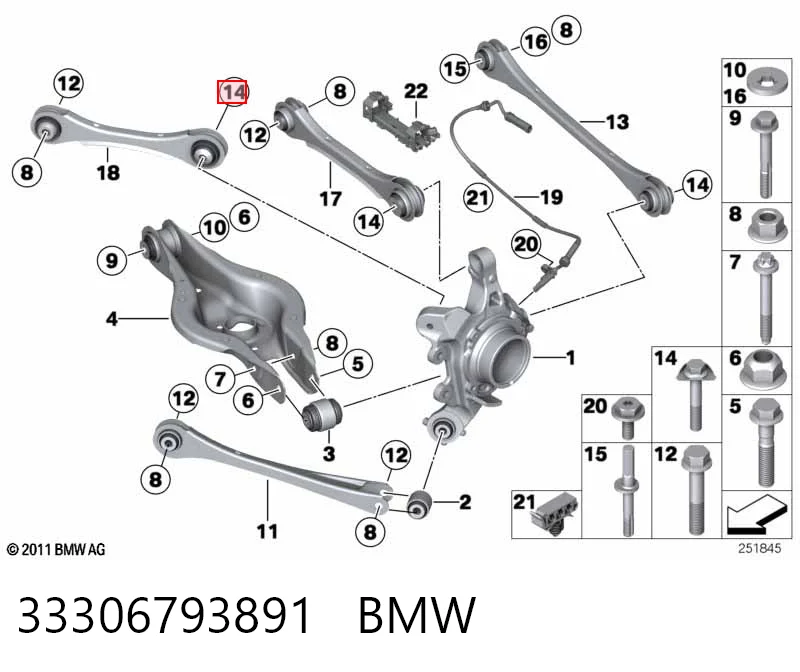 33306793891 BMW Parafuso de fixação do braço oscilante inferior traseiro, externo