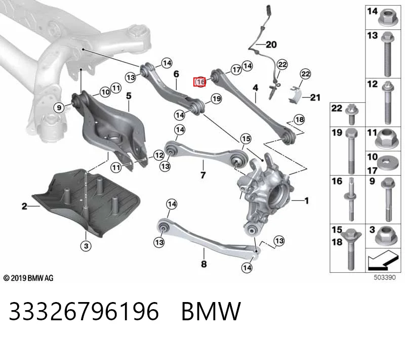33326796196 BMW Parafuso de fixação do braço oscilante inferior traseiro, interno