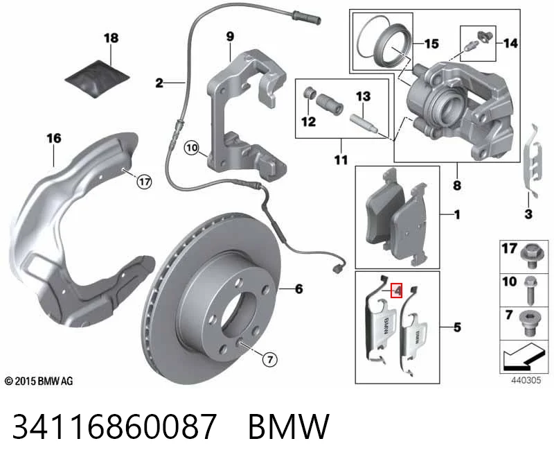 34116860087 BMW Kit de molas de fixação de sapatas de disco dianteiras