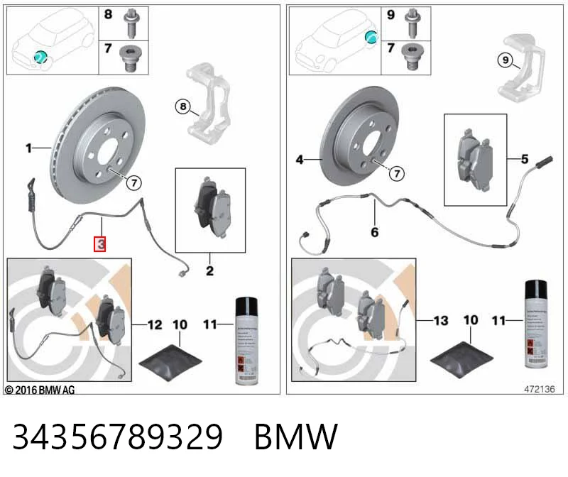 34356789329 BMW Sensor dianteiro de desgaste das sapatas do freio