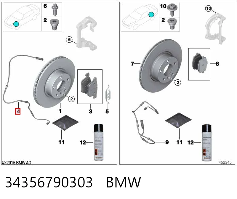 34356790303 BMW Sensor dianteiro de desgaste das sapatas do freio