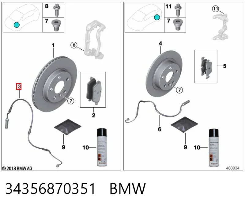 34356870351 BMW Sensor dianteiro de desgaste das sapatas do freio