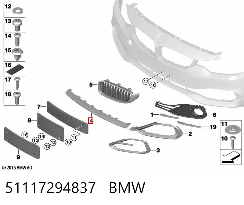 51117294837 BMW Placa sobreposta central do pára-choque dianteiro