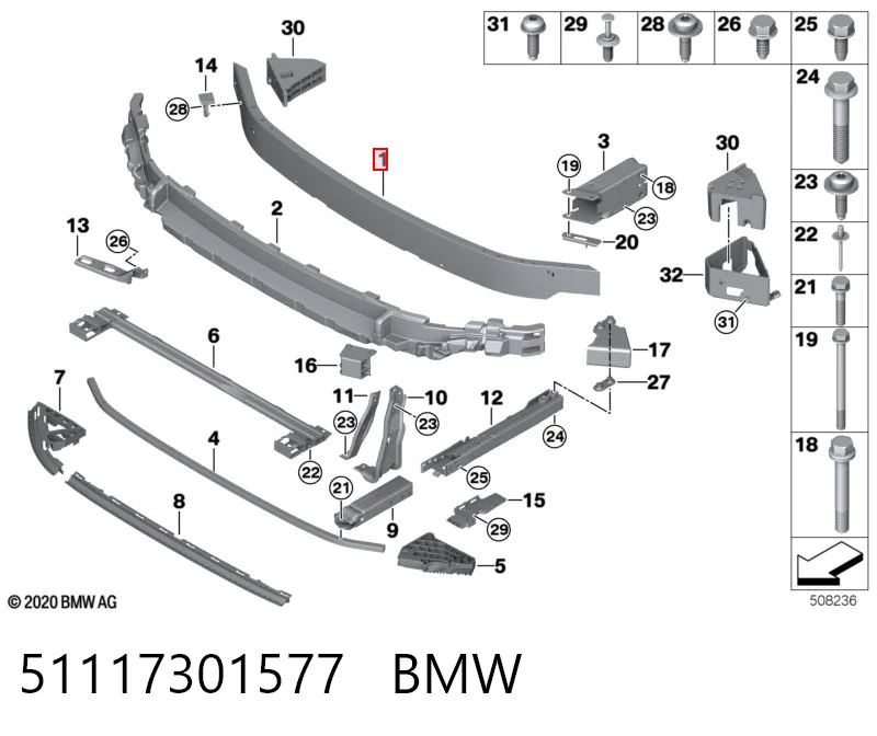 51117301577 BMW Reforçador do pára-choque dianteiro