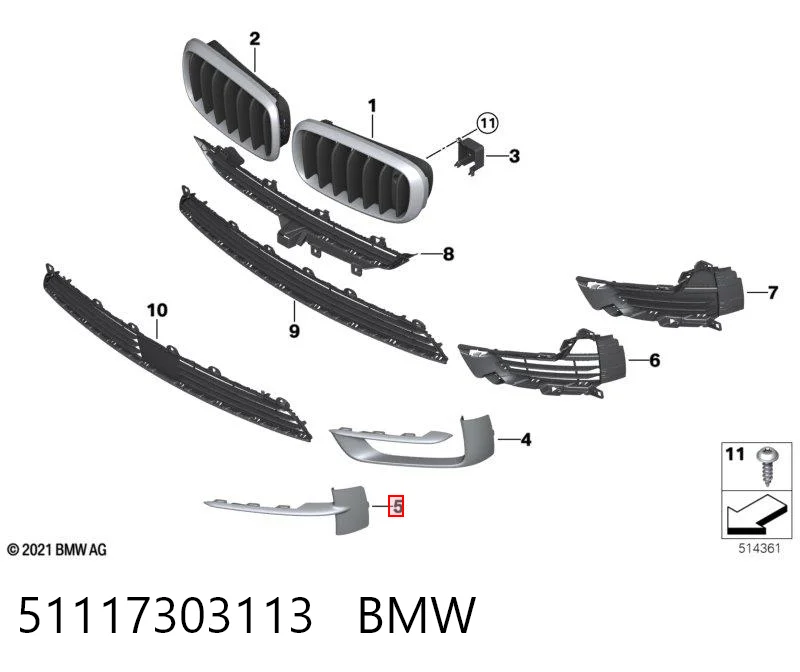 51117303113 BMW Moldura esquerda de grelha do pára-choque dianteiro