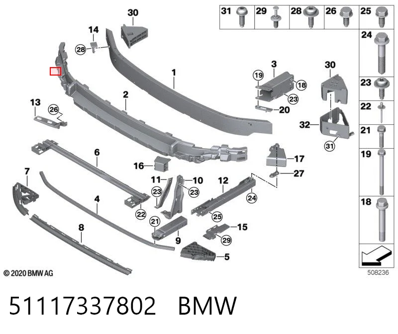 51117337802 BMW Consola de absorvedor do pára-choque dianteiro