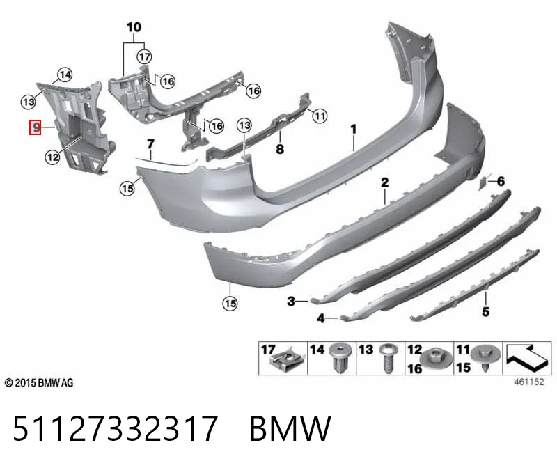 51127332317 BMW Guia esquerda do pára-choque traseiro