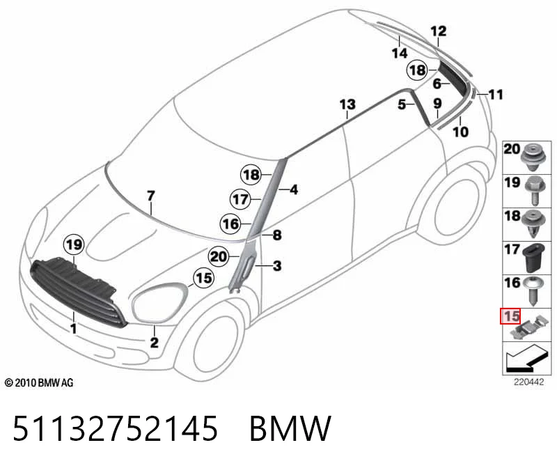 51132752145 BMW Cápsula (prendedor) de fixação do forro do pára-choque do pára-lama dianteiro