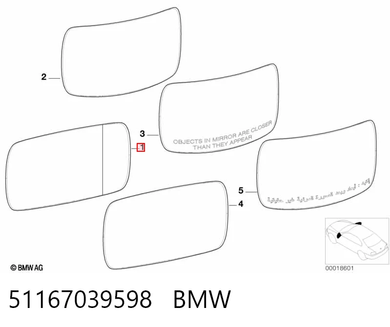 51167039598 BMW Elemento espelhado do espelho de retrovisão direito