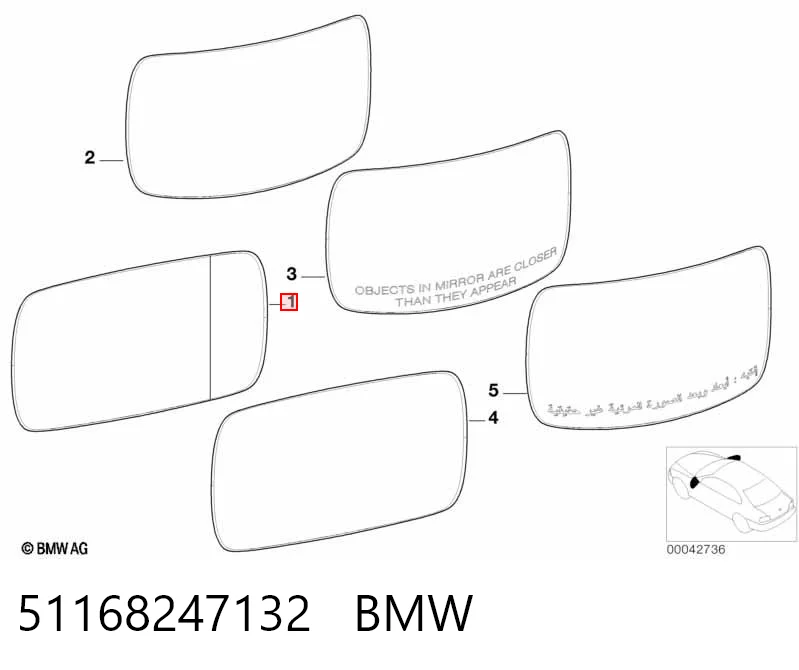 51168247132 BMW Elemento espelhado do espelho de retrovisão direito