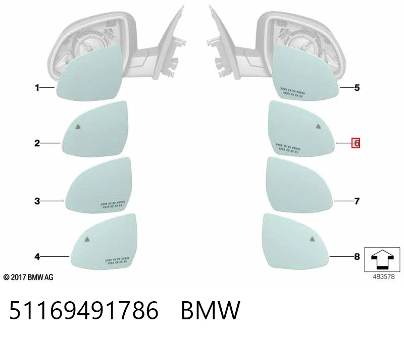 51169491786 BMW Elemento espelhado do espelho de retrovisão direito