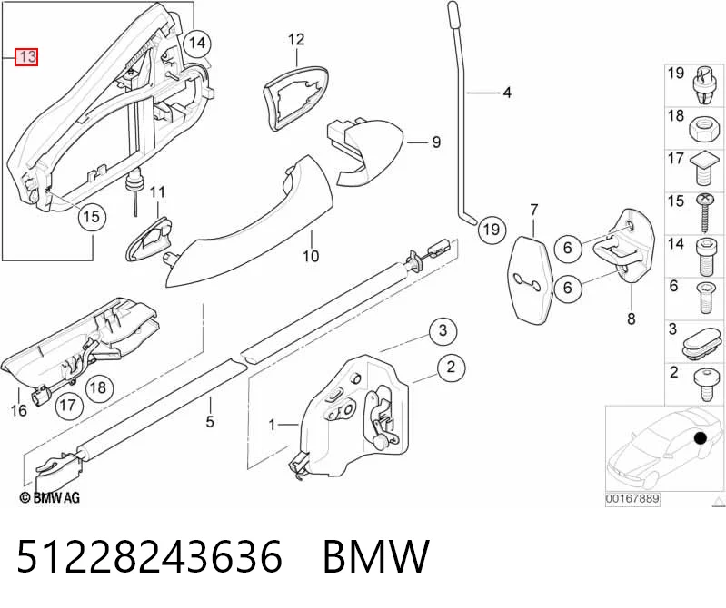 51228243636 BMW Suporte de maçaneta externa da porta traseira direita