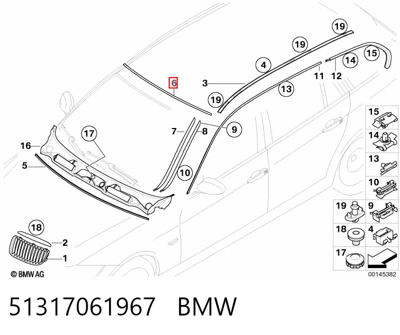 51317061967 BMW Moldura superior de pára-brisas