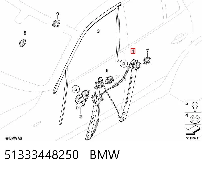 51333448250 BMW Mecanismo de acionamento de vidro da porta dianteira direita