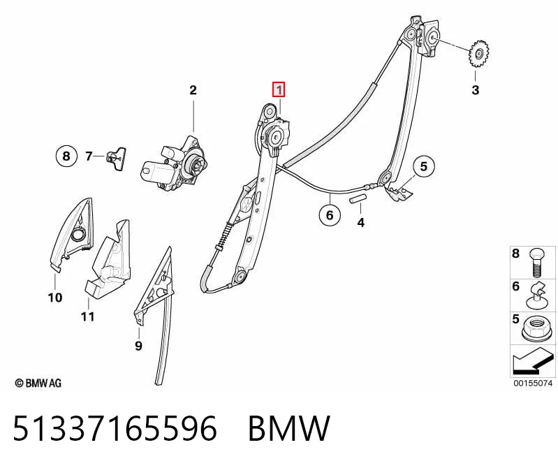 51337165596 BMW Mecanismo de acionamento de vidro da porta dianteira direita