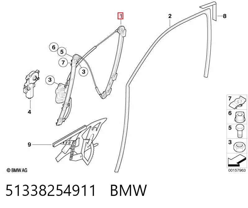 51338254911 BMW Mecanismo de acionamento de vidro da porta dianteira esquerda