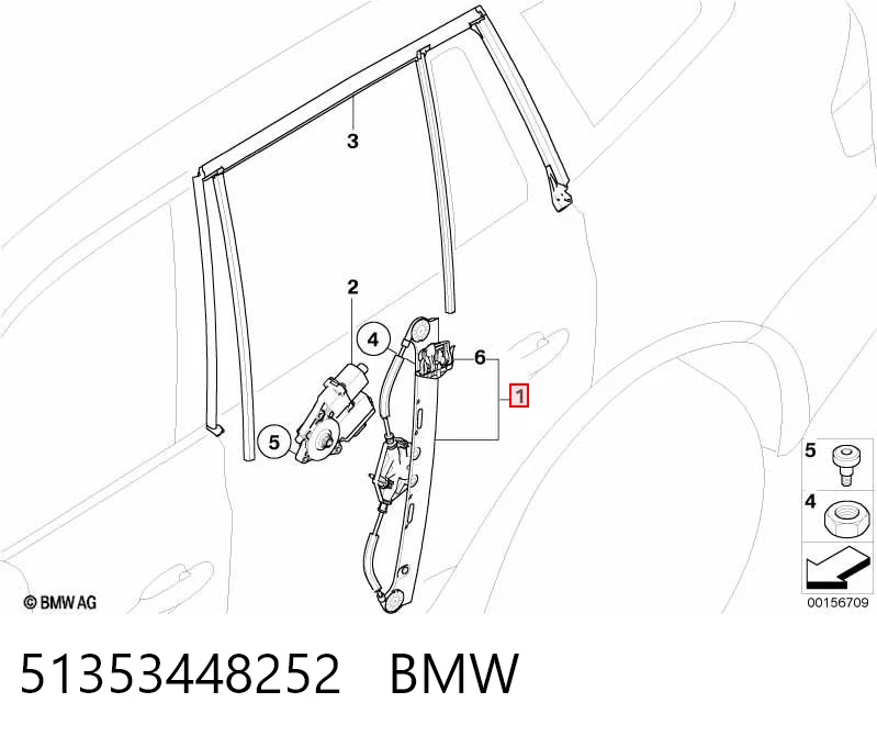 51353448252 BMW Mecanismo de acionamento de vidro da porta traseira direita
