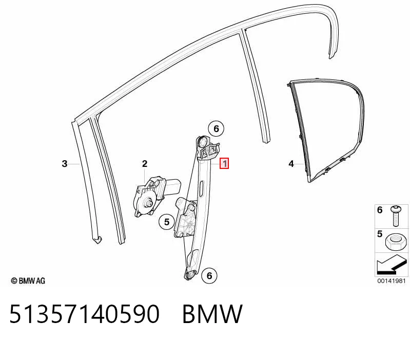 51357140590 BMW Mecanismo de acionamento de vidro da porta traseira direita