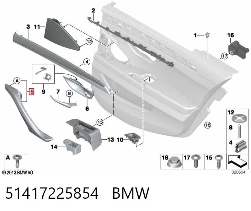 51417225854 BMW Maçaneta interna dianteira/traseira da porta direita