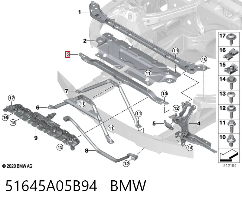 51645A05B94 BMW Suporte superior do radiador (painel de montagem de fixação das luzes)