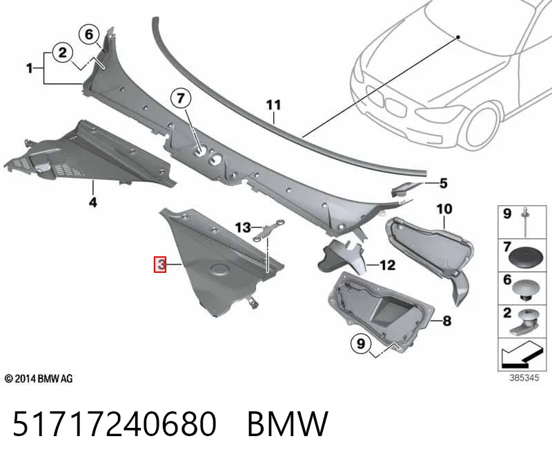 51717240680 BMW Grelha esquerda de limpadores de pára-brisa