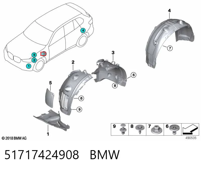 51717424908 BMW Guarda-barras direito traseiro do pára-lama dianteiro