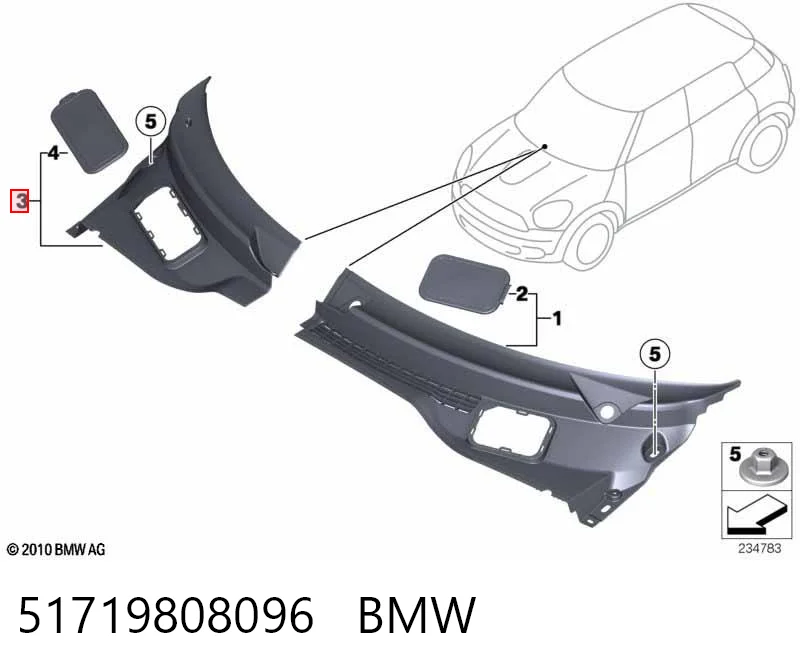 51719808096 BMW Grelha direita de limpadores de pára-brisa
