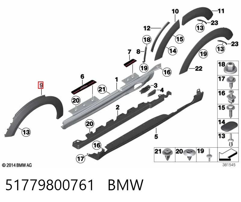 51779800761 BMW Expansor (placa sobreposta) de arco do pára-lama dianteiro esquerdo