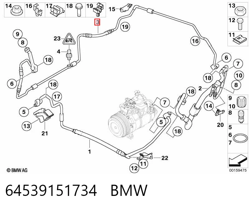 64539151734 BMW Mangueira de aparelho de ar condicionado, desde o radiador até o vaporizador
