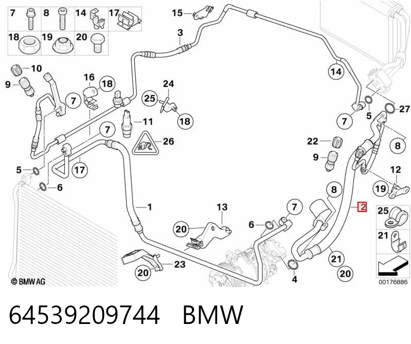 64539209744 BMW Mangueira de aparelho de ar condicionado, desde o vaporizador até o compressor