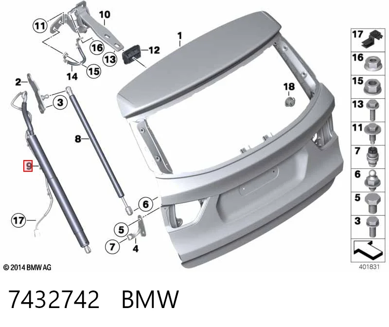 7432742 BMW Amortecedor de tampa de porta-malas (de 3ª/5ª porta traseira)