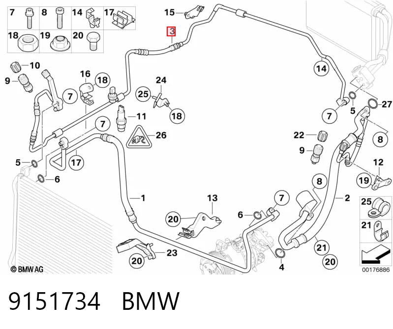 9151734 BMW Mangueira de aparelho de ar condicionado, desde o radiador até o vaporizador